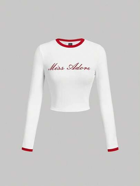 SHEIN MOD Women's Retro Letter Print Round Neck Long Sleeve White T-Shirt