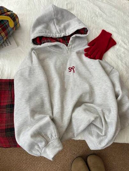 DAZY Teen Girls' Bow Embroidery Drop Shoulder Long Sleeve Casual Fleece Hoodie, Autumn/Winter,New Year,Christmas