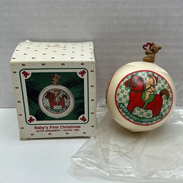 1986 Hallmark Keepsake Baby's First Christmas Satin Ornament Teddy Bear