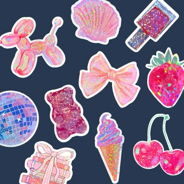 Set of 10 pink aesthetic sparkly holographic stickers, cute girly sticker pack, pink & purple waterproof stickers for laptop or water bottle