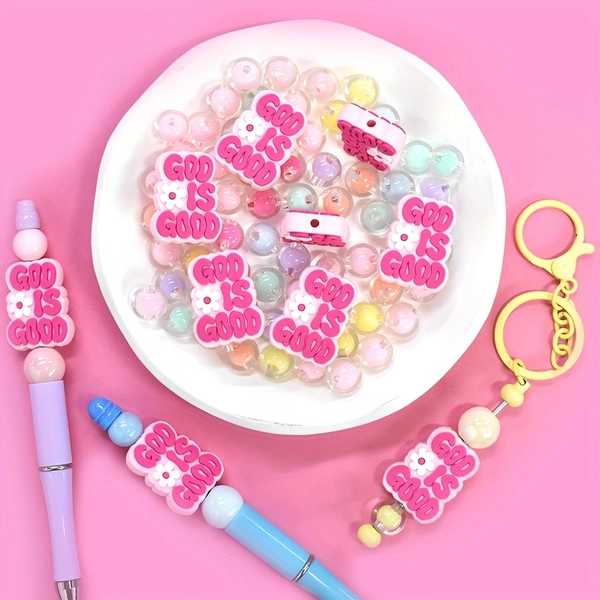 10pcs/set, plastic, pink phrase focal beads assortments, suitable for keychain pens loose spacing DIY decorative accessories, no pen