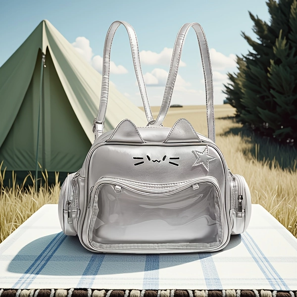 Y2K Style Cute Pin Display Backpack | Convertible to Shoulder Bag, Perfect for Summer Manga, Halloween, Christmas Gifts, Harajuku Style Asceticism, Silvery Grey, Zipper Closure, Utility Pocket