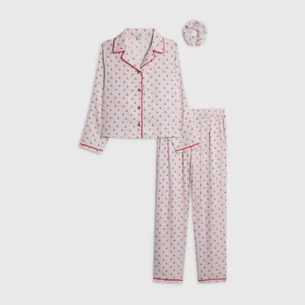 Girls Cream Cherry Satin Pyjamas Set