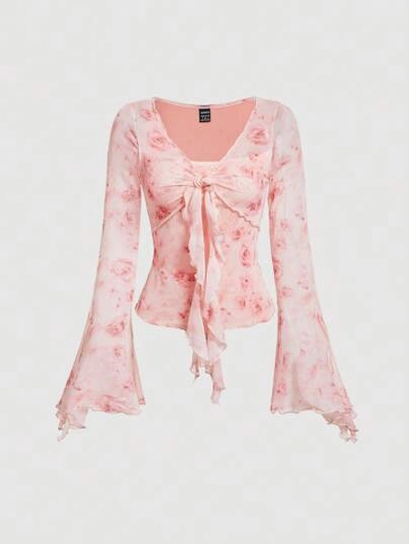 SHEIN MOD Women's Floral Print Bell Sleeve Tie Front T-Shirt,Sheer