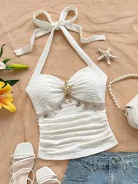 Elegant Crop Top with Ruched Design & Bow Detail, Perfect for Casual Wear, Ideal for Home Fashion, Trendy Women's Clothing