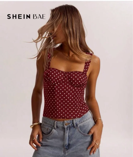 SHEIN BAE Women's Date Night Girlfriend Party Birthday Party Nightclub Holiday Party Elegant Polka Dot Top, Girlfriends Party, Date, Daily Street Commuting Corset, Sexy Summer Tops, Cute Tops,Red Top,Valentine's Day,Valentine Outfits For Women