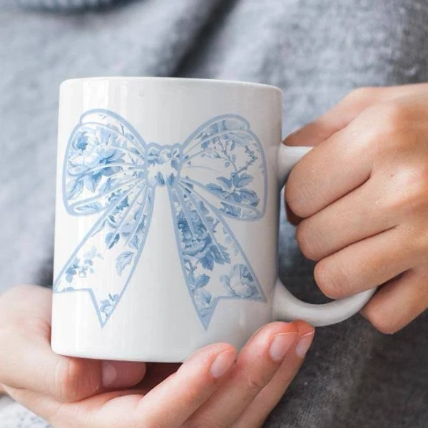 Blue Toile Bow Mug Gift Idea Coffee Lover Preppy Gift New Home Kitchen Decor Coquette Tea Cup Gift for Her Coworker Corporate Employee Gift
