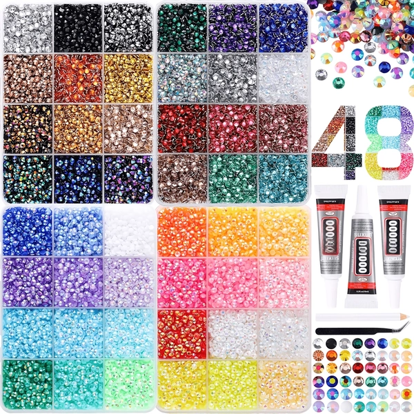 30000 48 Color Rhinestones, Suitable for Dazzling And Diamond Art, 3Mm Flat Back Gemstones, with 3 X 0.34oz Jewelry Gel Tweezers And Pick-Up Pens, Perfect for Nail Art, Handicrafts, Clothing, And Fabric Decoration