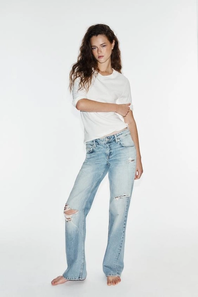 JEAN TRF WIDE LEG TAILLE BASSE DÉCHIRÉ - Bleu - 32