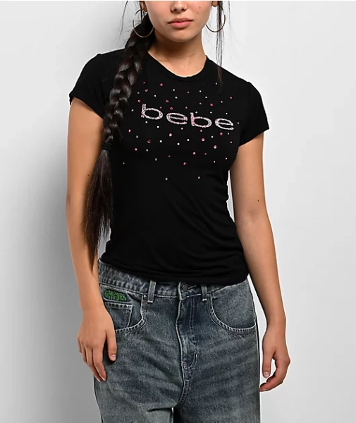 bebe Rhinestone Logo Black T-Shirt