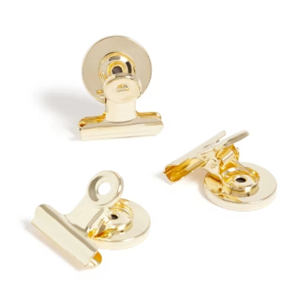 U Brands 3ct Magnetic Bulldog Clips Gold: Steel Ferrite Office Stationery, 1.457" Height, 1.22" Width