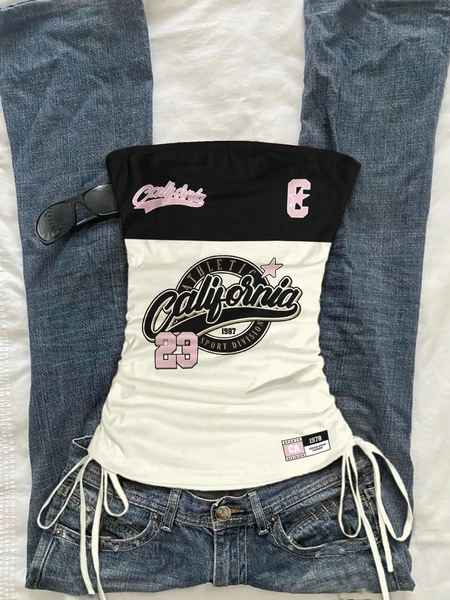cropped top ，Women's Summer Drawstring Tie Front Cutaway Tapered Tank Top, Fashionable Resort-Fit Sporty Print Strappy Top - AliExpress 200000345
