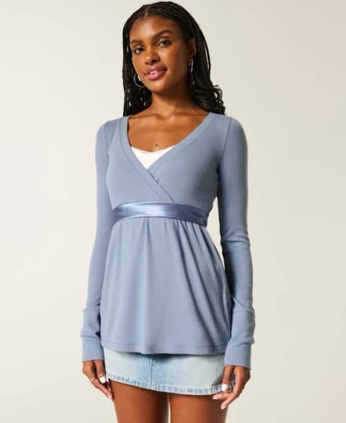 Hollister Women's Easy Long-Sleeve Wrap-Front Babydoll Top