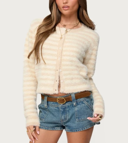 Edikted Women's Aria Striped Fuzzy Knit Cardigan