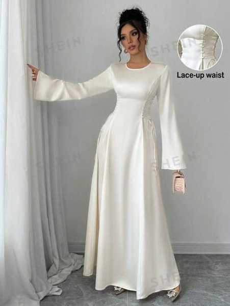 Selianne Elegant Apricot A-Line Cinched Waist Flare Sleeve Dress Maxi Satin Women Outfit Fall Cloth For Women - Size S