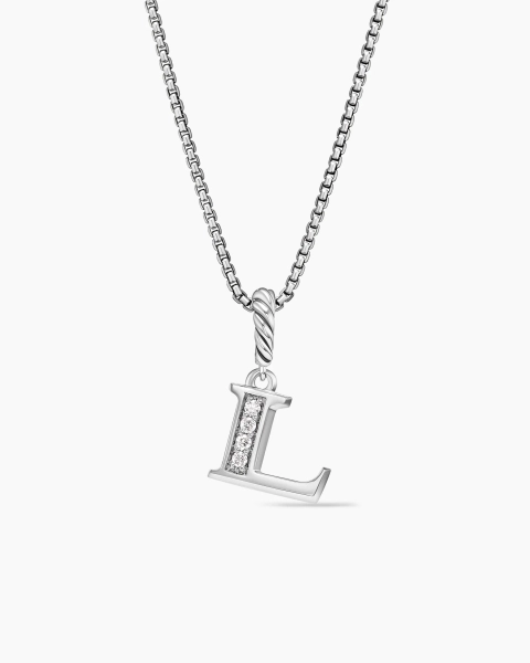 Pavé Initial Pendant Necklace in Sterling Silver with Diamond L