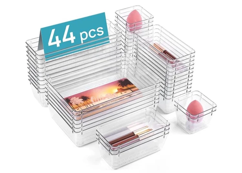  Vtopmart 44 PCS Clear Plastic Drawer Organizers Set, 4-Size Versatile Bathroom and Vanity Organizer Trays, Non-Slip Storage Containers for Makeup, Jewelries, Bedroom，Kitchen Utensils and Office 