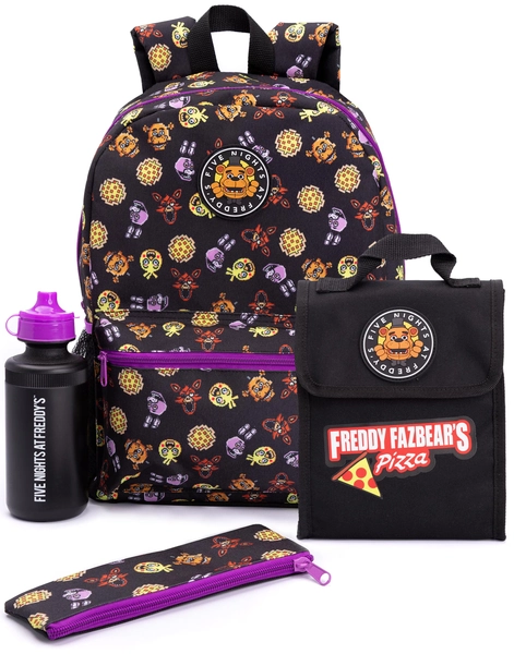 Five Nights At Freddy's Boys Backpack FNAF Merchandise Freddy Chica Foxy Bonnie School Rucksack for Kids Pencil Case & Water Bottle | Black | Black