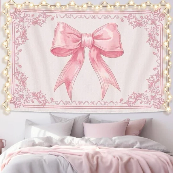 Pink 60" x 40" Coquette Pink Aesthetic Bedroom Hanging Wall Art Preppy Decor Kit Cute Room Decoration for Women Girls Room Dorm Apartment(Bow) Flag