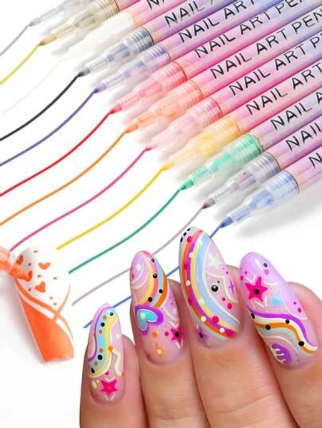 12pcs/Set Nail Doodle Pen, 0.7mm Acrylic Paint Pen, Nail Art Graffiti Pen Lines Waterproof Nail Paint DIY Quick Drying Dot Stitching Pen, Precision 3D Nail Marker Drawing, Quick Drying, Suitable For Home And Salon DIY, Details And Long-Lasting Design