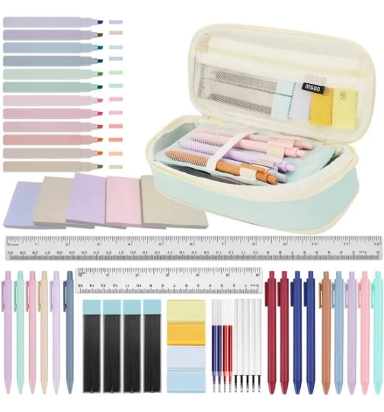 NVAZIOP 52 Aesthetic School Supplies with Cute Pen Case,5 Black, 2Blue,2 Red Ink Gel Pens,12inch and 6inch rulers,6 Mechanical Pencils for Students