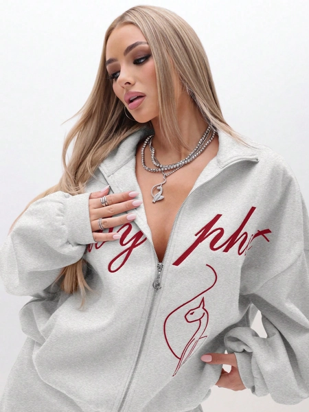 BABYPHAT Oversized High Neck Zip Up Sweatshirt With Script Print And Flame Detail For Casual Comfort
