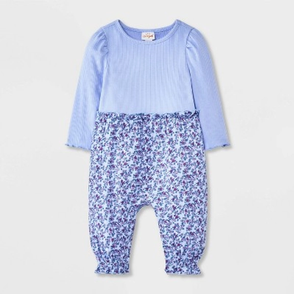 Baby Girls' Floral Ribbed Long Sleeve Romper - Cat & Jack™ Blue 6-9M