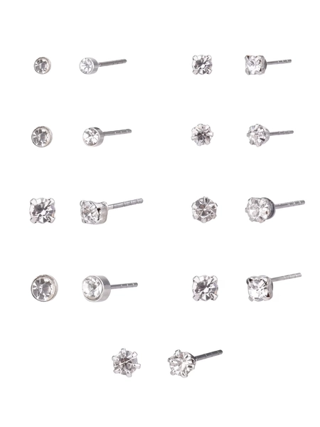 Time and Tru Adult Women's 9 Pair Silver Tone Crystal Stud Metal Earrings Set