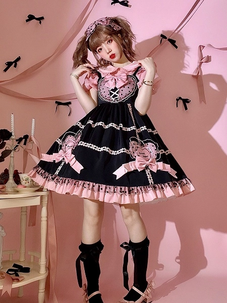 [£62.74]Black Chocolate Sweetheart Heart-shaped Bodice Bowknot Details High Waist Jumper Skirt