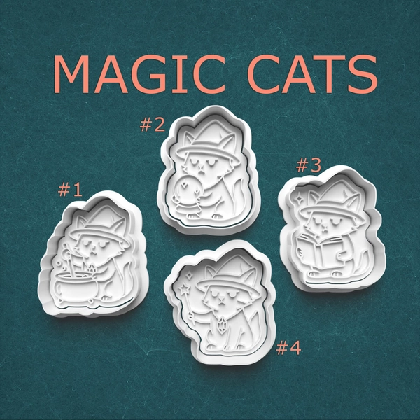 Magic Cat Cookie Cutter and Stamp Set, Wizard Cat Designs for Cookies Clay and Pottery, Witch Cat Baking Tools, Choose Style