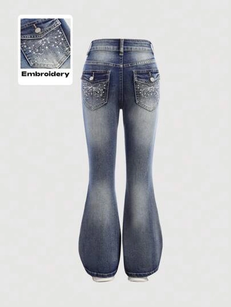 SHEIN Girlism Tween Girl Fashion Y2K Low Waist Vintage Rhinestone Butterfly Embroidered Denim Flare Leg Jeans, Fall Winter Back To School - Size 9Y