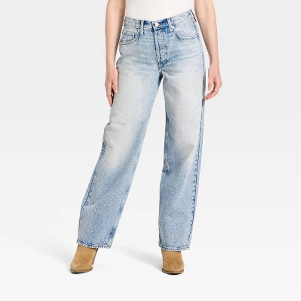 Women's Mid-Rise 90's Baggy Denim Rhinestone Jeans - Universal Thread™ Light Wash 2