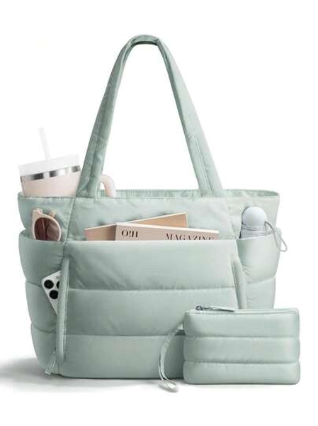 Puffer Tote Bag For Women, Lightweight Puffy Work Handbag Teacher Nurse Quilted Shoulder Bag For School Travel Gym