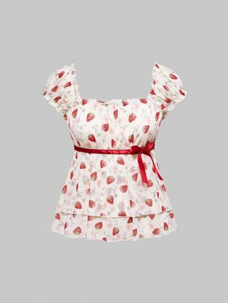 ROMWE Kawaii Women's Cute Strawberry Print Puff Sleeve Square Collar Dolly Dress With Ribbon Bow T-Shirt