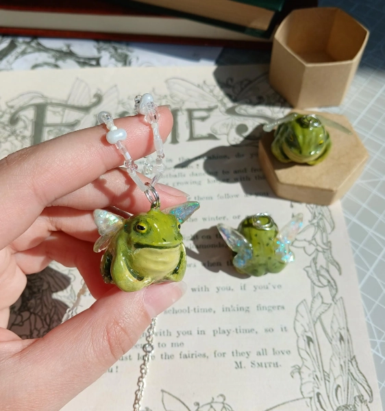 Fairy Frog Charm Necklace. Whimsical Grumpy Frog Pendant - Sparkly Winged Creature. Magical Cottagecore Goblincor Jewelry