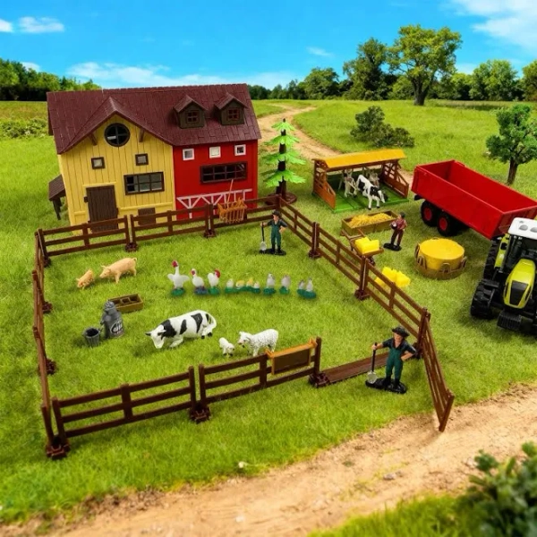 Children Farm Toy Set Large Realistic Farm Animal Model Scene with Animals, Farm Accessories, Tractor, Educational Pretend Play Gift