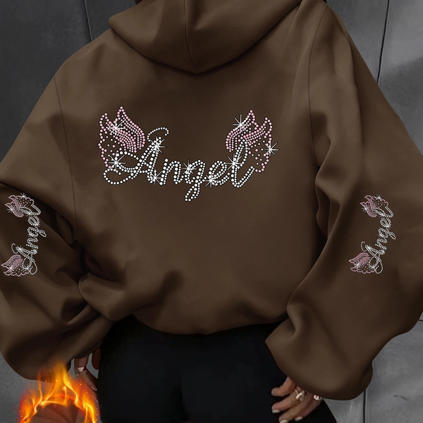 Women'S Spring Clothing Fashion Athletic Hooded Sweatshirt, Angel Wings And "Angel" Letter Pattern Composed of Pink Polka Dots And White Stars, Elegant Casual Sexy Style, 100% Fabric