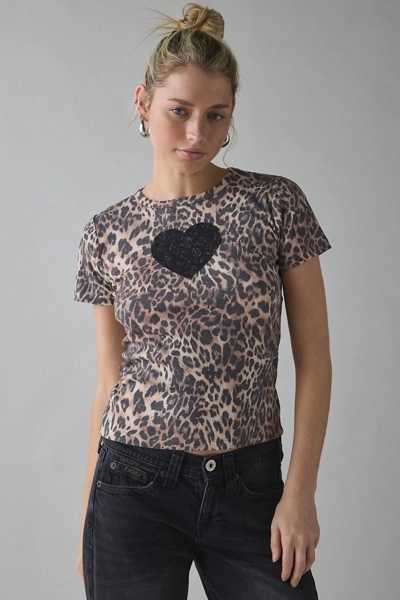 Lace Heart Applique Graphic Leopard Print Baby Tee