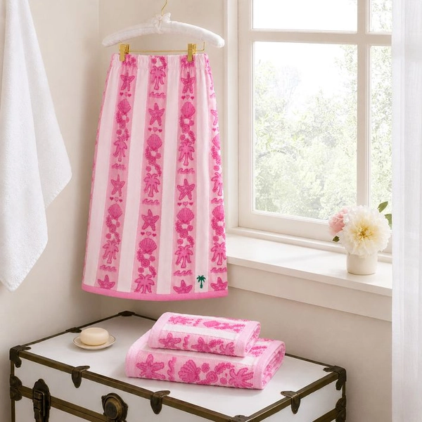 Pink Palm Puff Bath Wrap & Towels Set