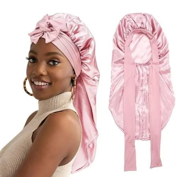 Awaytr Double Layer Elastic Satin Bonnet with Tie Band