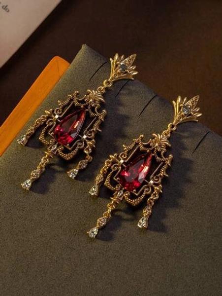 1 Pair Vintage Copper Alloy Fuchsia Rhinestone Tassel Earrings, Retro Palace Style, Suitable For Women's Daily Wear, Gift For Friends, Christmas Gift