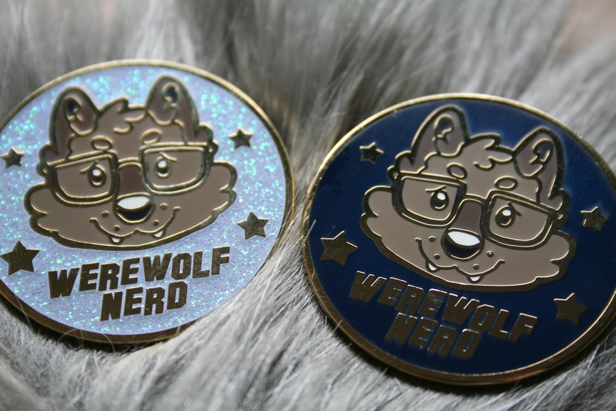 Werewolf Nerd Enamel Pin, Blue Glitter, Furry Wolf Lapel Pin