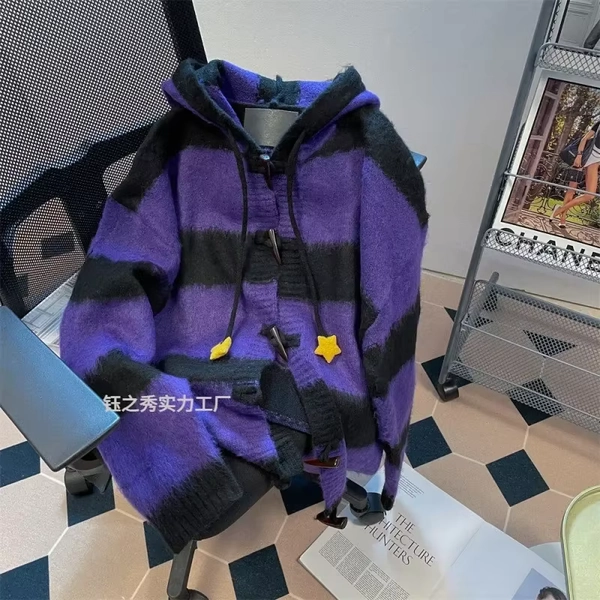 Korean retro purple striped hooded sweater women's autumn and winter new loose lazy wind horn buckle sweater coat - AliExpress 200000345
