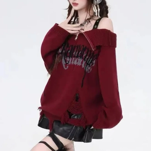 Y2k Distressed Shoulder Knit Sweater