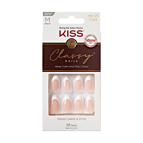 KISS Classy French Tip French Tip Press On Nails, Dashing, White, Medium Almond, 28 Count