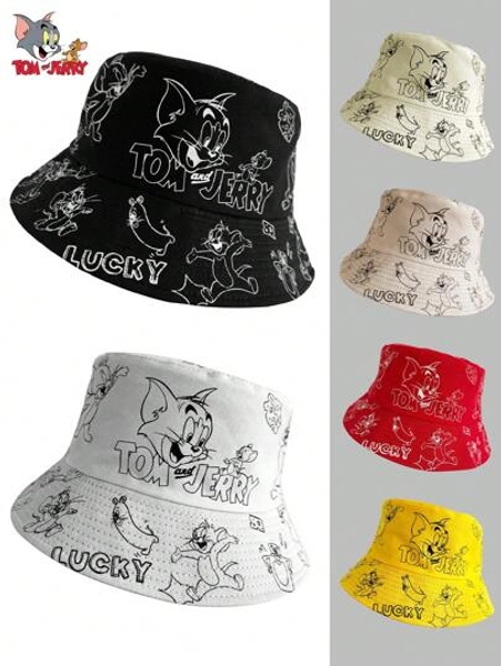 Warner Bros Nuovo cappello a secchio reversibile di alta qualità con stampa di Tom & Jerry, cappello da sole estivo versatile unisex per la protezione dal sole, cappello da sole con cartone animato a doppia faccia