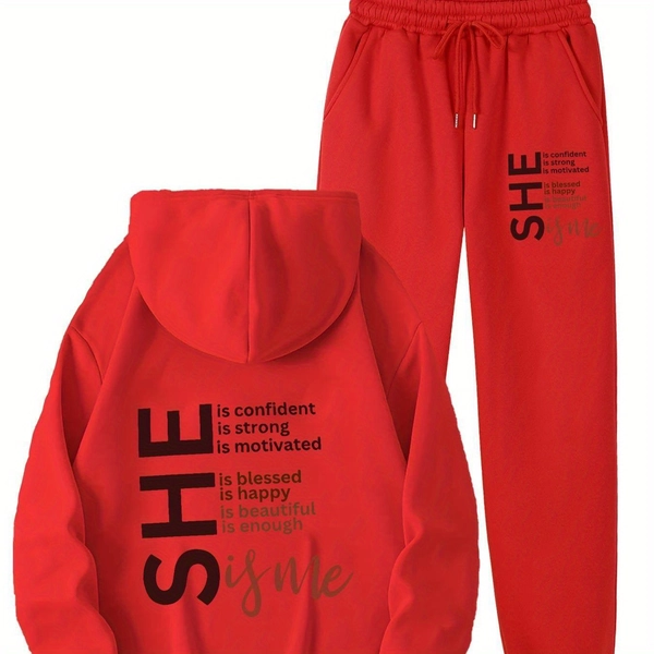 Machine Washable Fleece-Lined Women's Hoodie & Sweatpants Set with Letter Print, Pocket Detail, Polyester