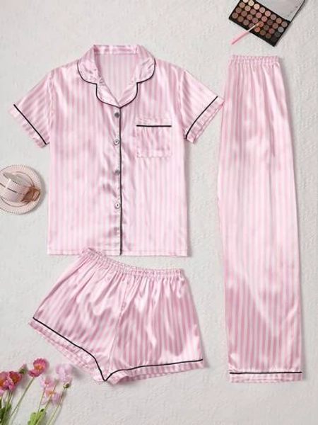3pcs Satin Women Pajama Set, Short Sleeve Top, Shorts & Pants, Casual Loose Sleepwear For Spring, Summer, Autumn & Winter, Basic Style, Comfortable & Suitable For Home & Outdoor, Pink