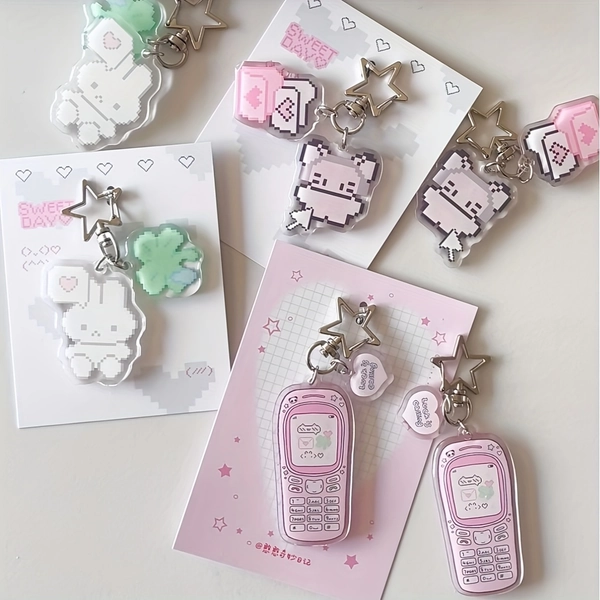 1pc, Cute Cartoon Pixel Phone/Little Rabbit/Mouse Clover Pattern Creative Keychain, Japanese Style Pendant