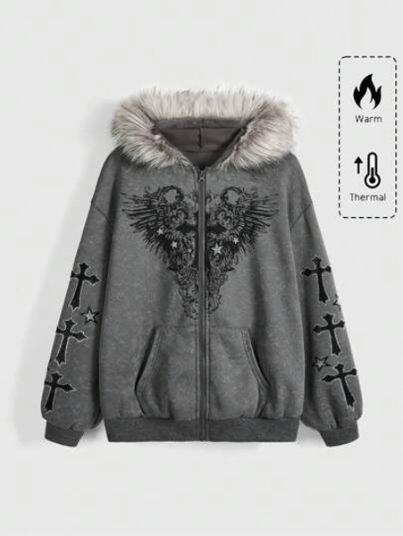 ROMWE Fairycore Women's Autumn/Winter Lily Flower Rhinestone Embellished Dropped Shoulder Hoodie Sweatshirt Graduation,Back To School Outfits,Graduation,Teacher Outfits For Women,Back To School